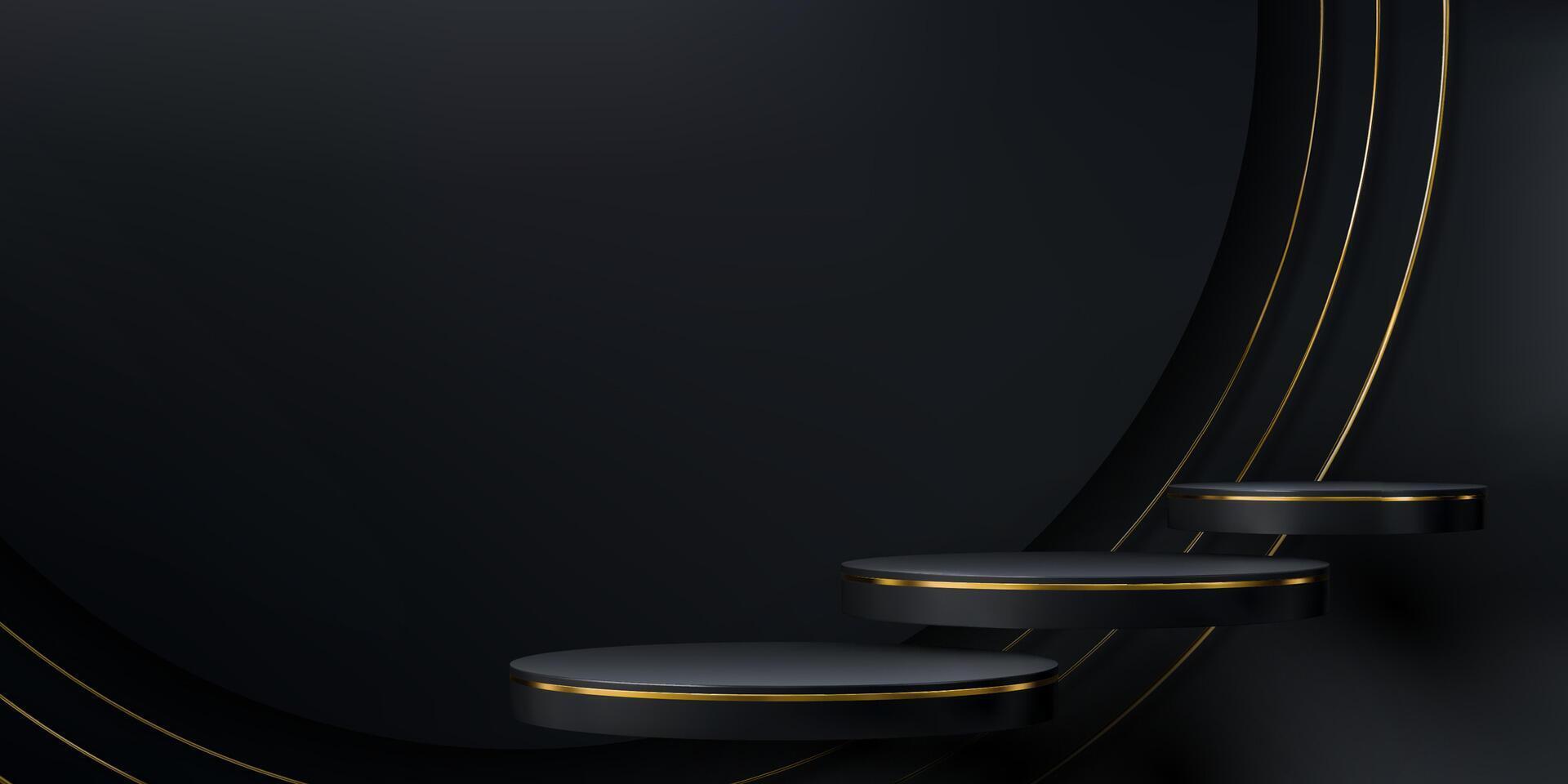 Black podium with golden frames, floating pedestal vector