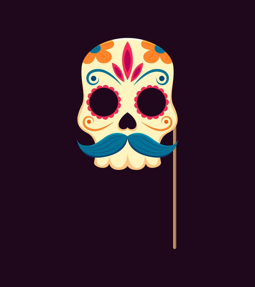 Dead day photo booth mask, mustached sugar skull vector