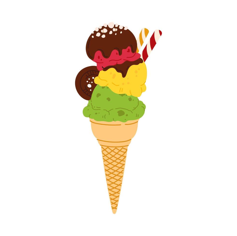 Ice cream in waffle cone, fruity icecream icon vector