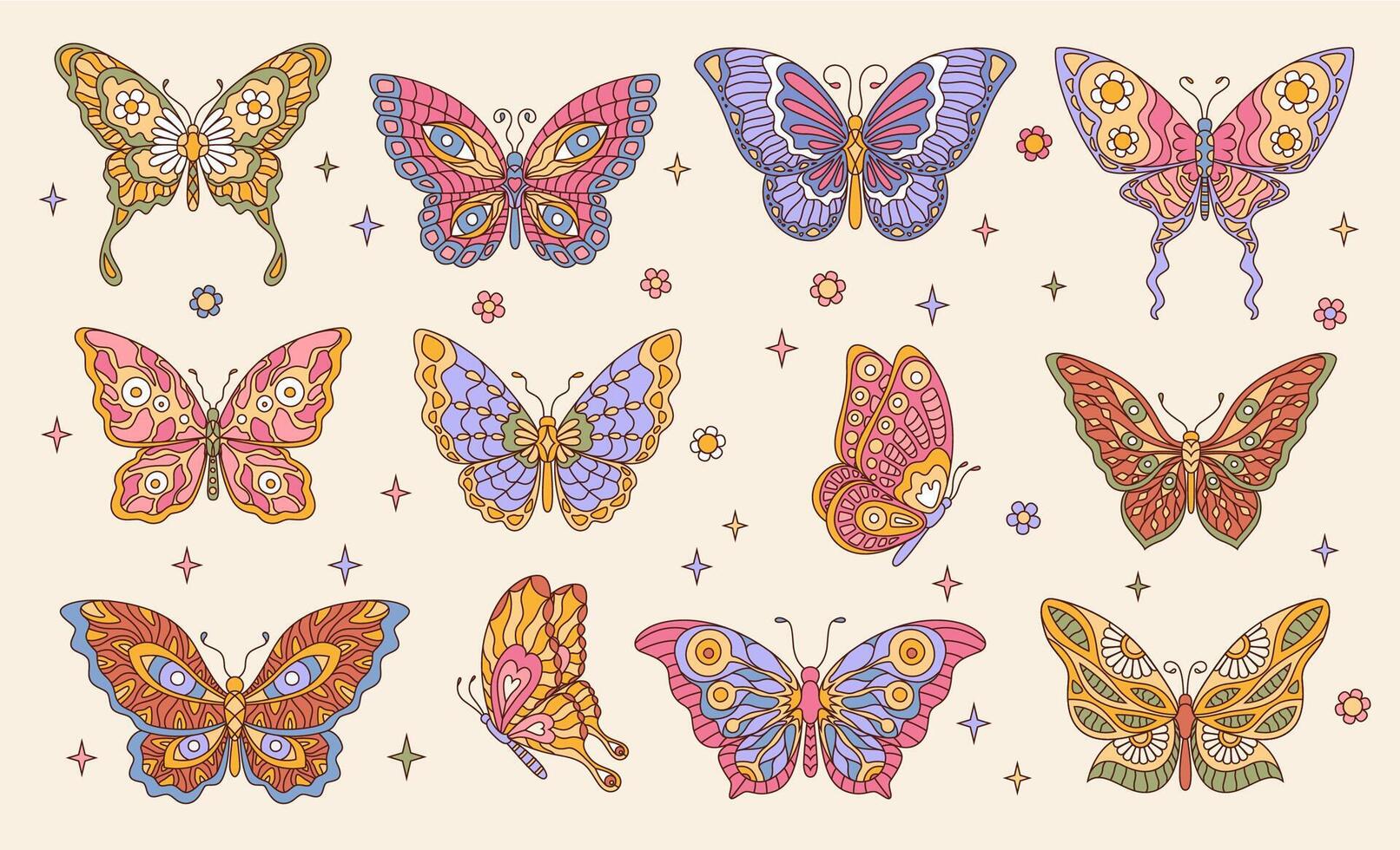 Retro groovy butterfly insects with daisy flowers vector