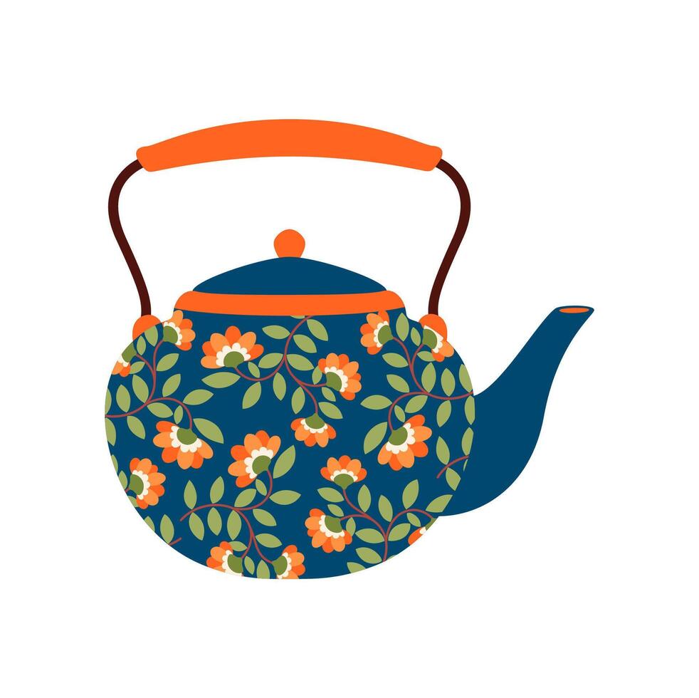 Cartoon ceramic porcelain teapot with floral print vector