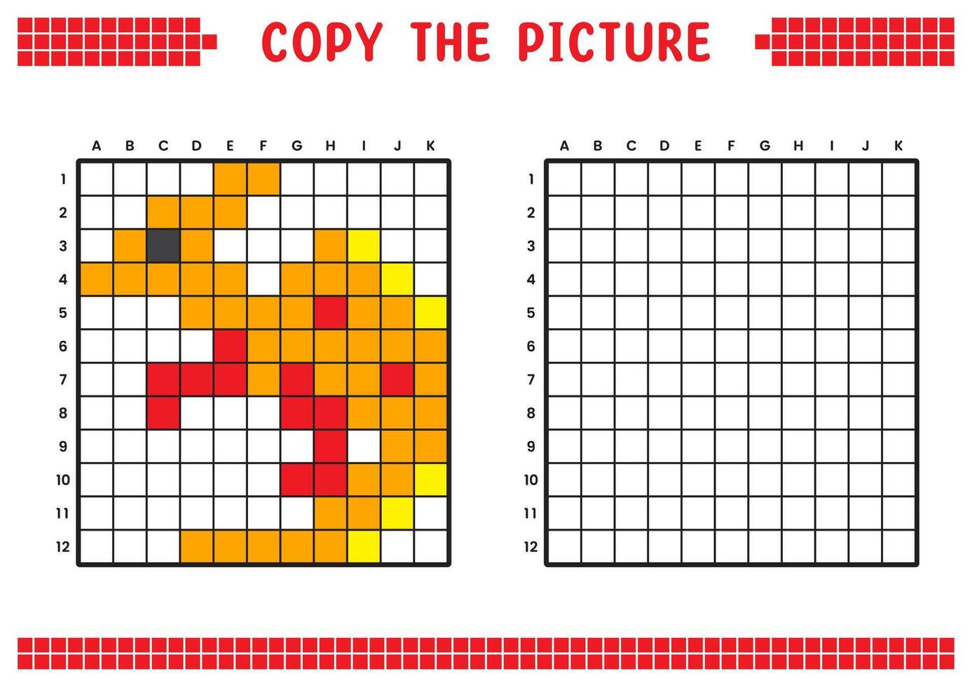 Copy the picture, complete the grid image. Educational worksheets drawing with squares. Preschool coloring activities, children's games. Pixel cartoon, illustration. Dinosaur, Parasaurolophus. vector