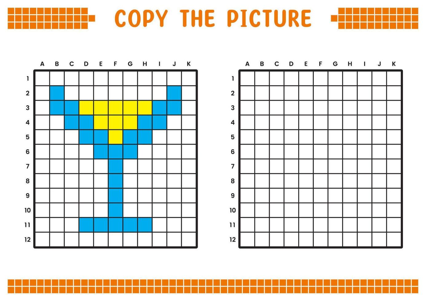 Copy the picture, complete the grid image. Educational worksheets drawing with squares, coloring areas. Preschool activities, children's games. Cartoon illustration, pixel art. Cocktail glass. vector