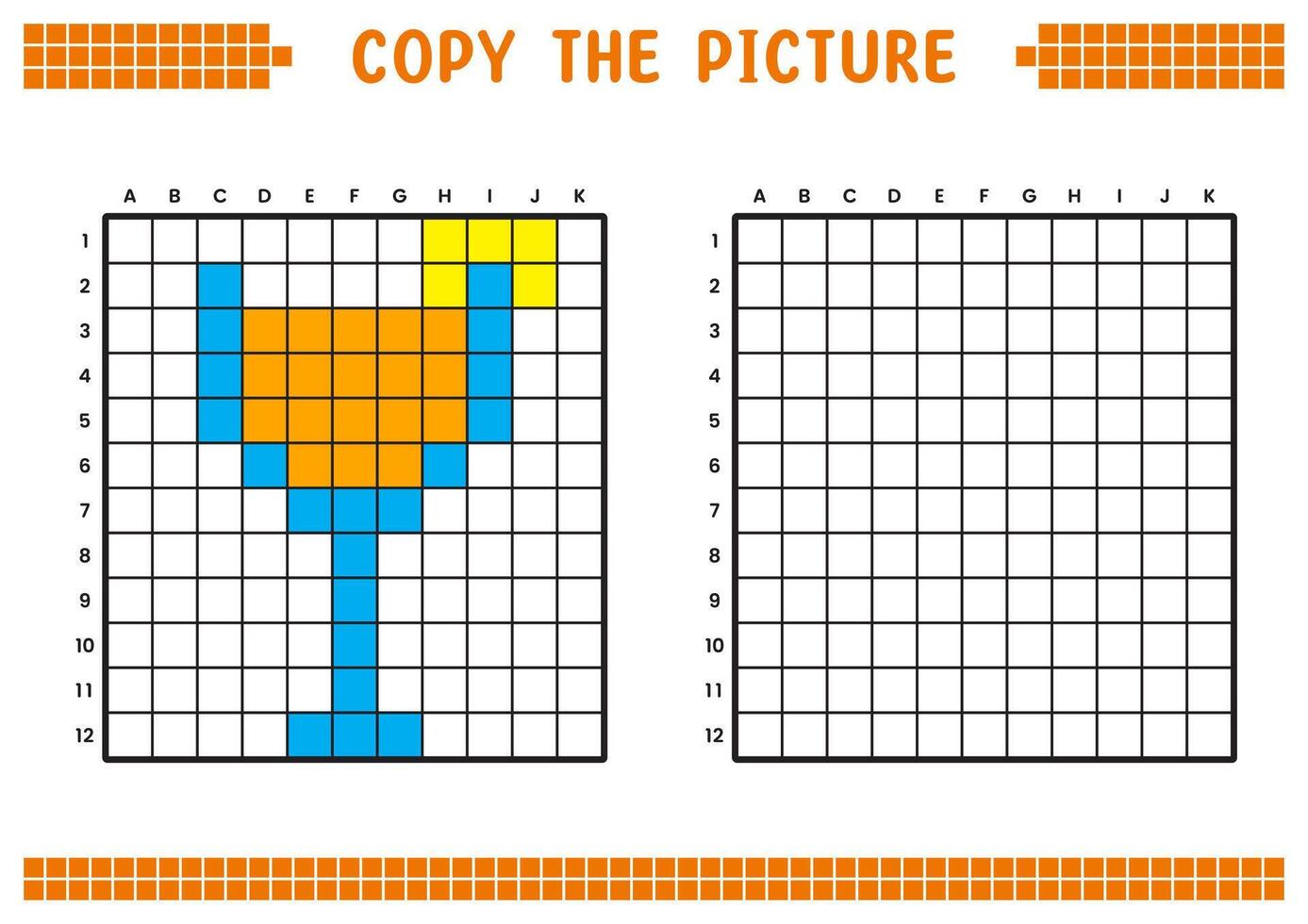 Copy the picture, complete the grid image. Educational worksheets drawing with squares, coloring areas. Preschool activities, children's games. Cartoon illustration, pixel art. Lemonade drink. vector