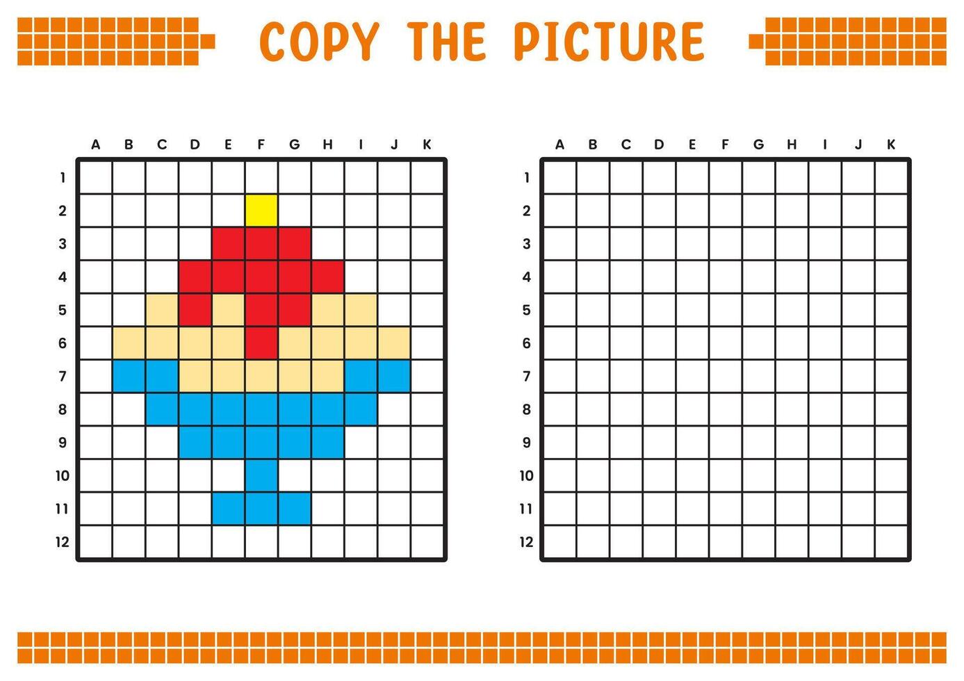 Copy the picture, complete the grid image. Educational worksheets drawing with squares, coloring cell areas. Preschool activities, children's games. Cartoon illustration, pixel art. Ice cream. vector