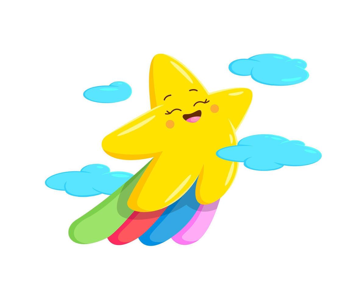 Cartoon kawaii star character on rainbow, clouds vector