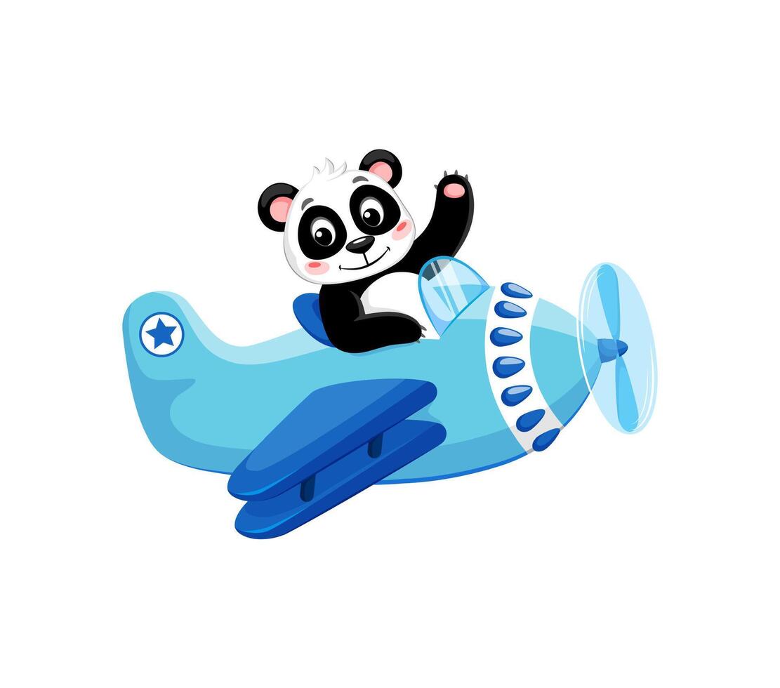 Cartoon panda animal on plane, funny character vector