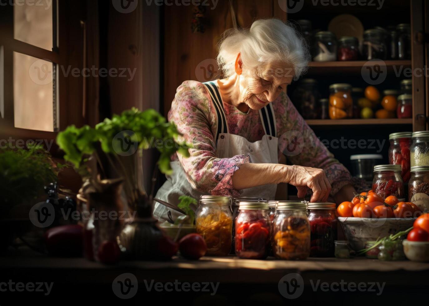An elderly grandmother expertly prepares delicious and nutritious preserves in the cozy warmth of her home, embodying the tradition of homemade culinary delights and passing down a legacy photo