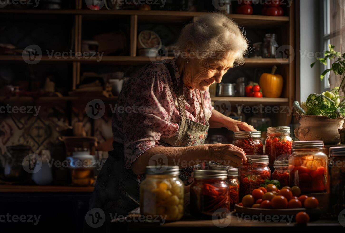 An elderly grandmother expertly prepares delicious and nutritious preserves in the cozy warmth of her home, embodying the tradition of homemade culinary delights and passing down a legacy photo