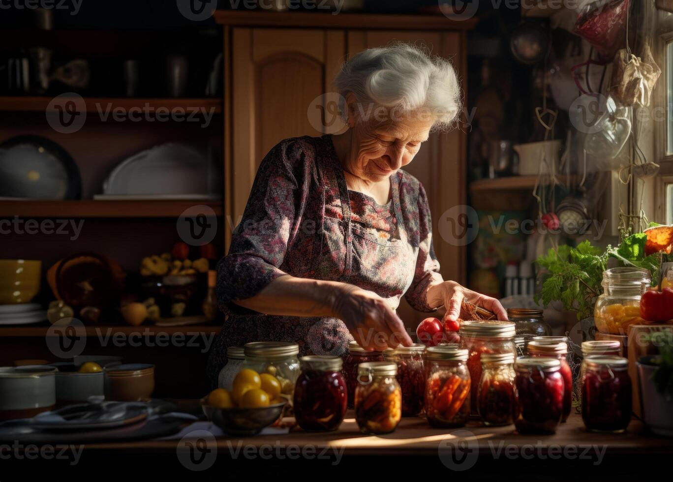 An elderly grandmother expertly prepares delicious and nutritious preserves in the cozy warmth of her home, embodying the tradition of homemade culinary delights and passing down a legacy photo
