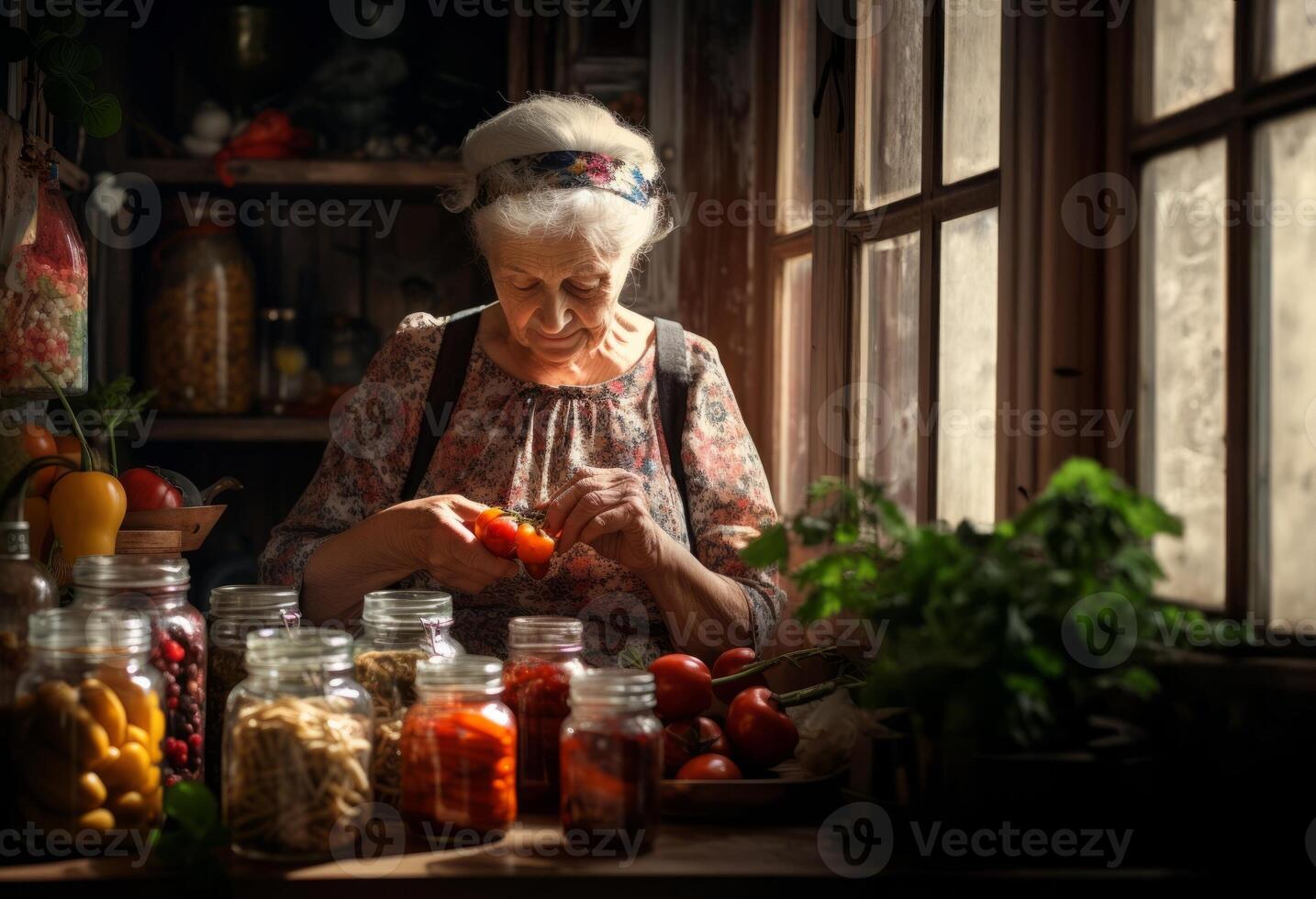An elderly grandmother expertly prepares delicious and nutritious preserves in the cozy warmth of her home, embodying the tradition of homemade culinary delights and passing down a legacy photo