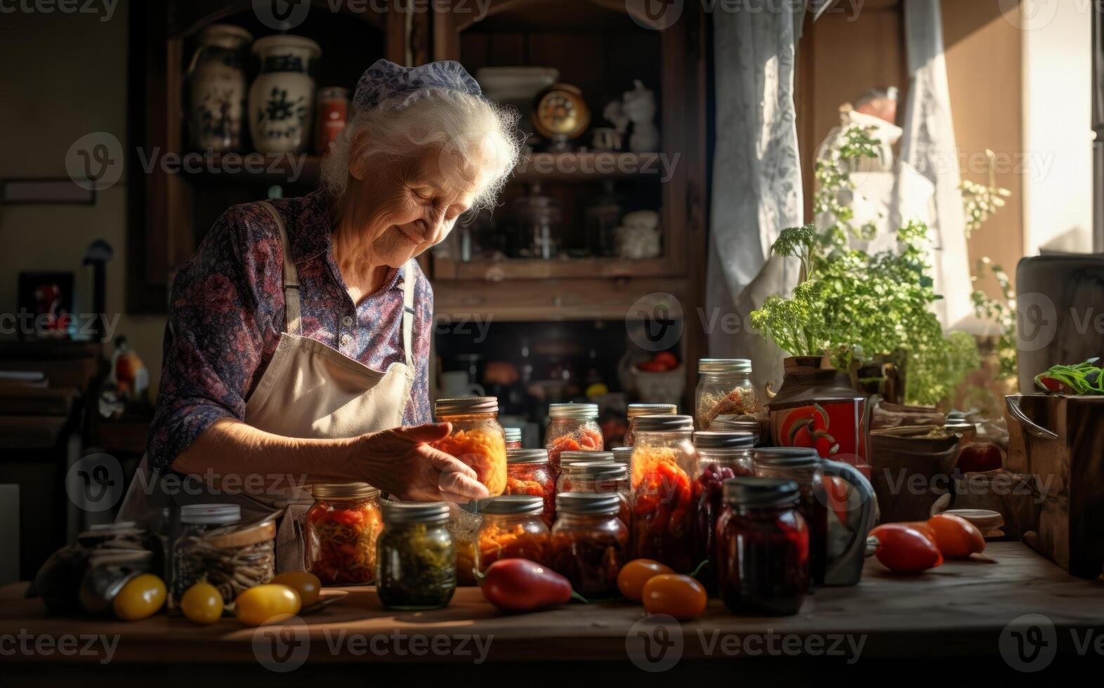 An elderly grandmother expertly prepares delicious and nutritious preserves in the cozy warmth of her home, embodying the tradition of homemade culinary delights and passing down a legacy photo