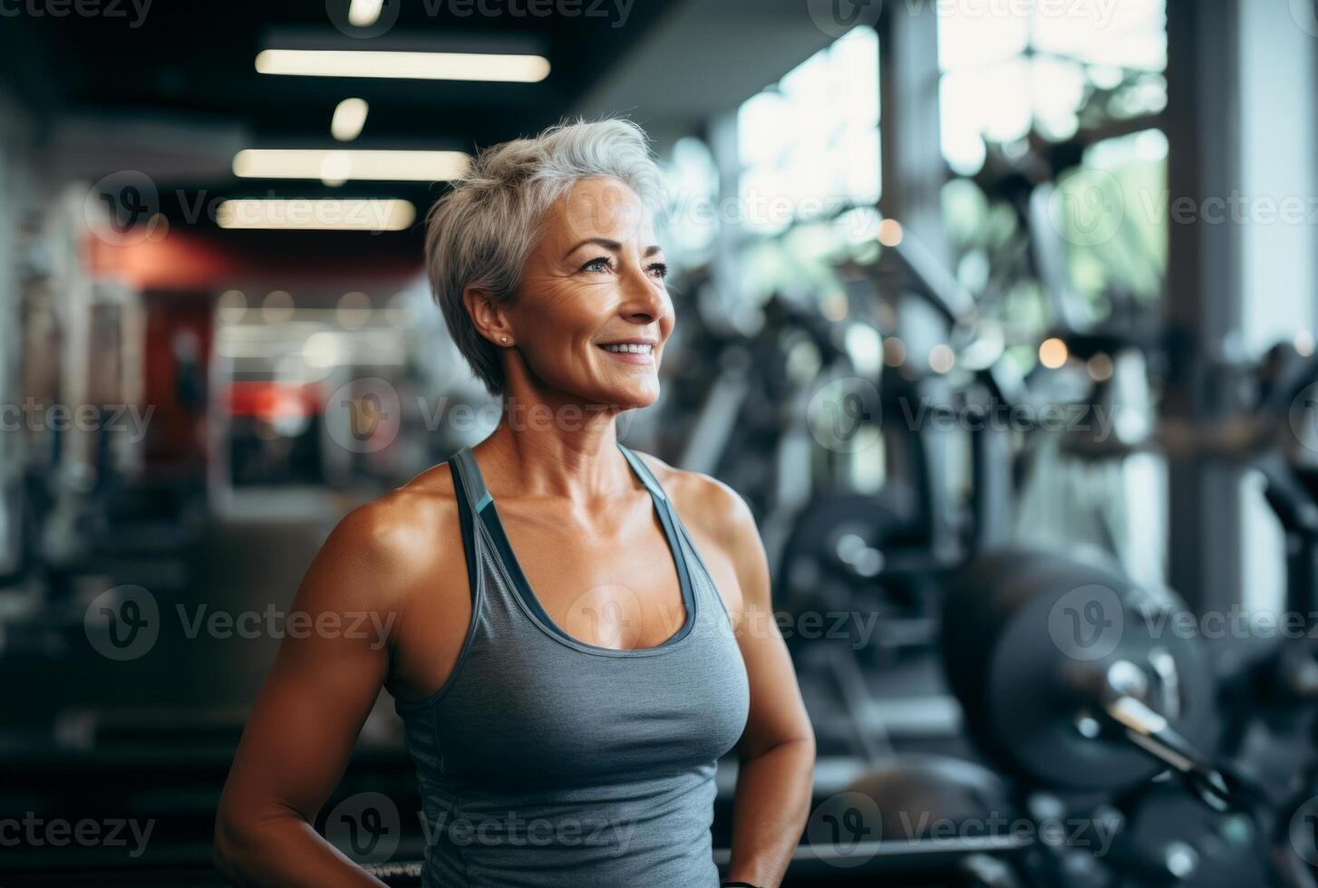 A determined elderly woman engages in vigorous workouts at the gym, embodying strength, perseverance, and commitment to a healthy and active lifestyle.Generated image photo