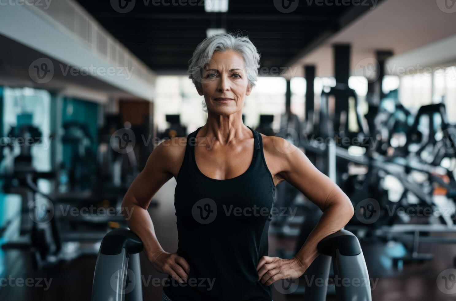 A determined elderly woman engages in vigorous workouts at the gym, embodying strength, perseverance, and commitment to a healthy and active lifestyle.Generated image photo