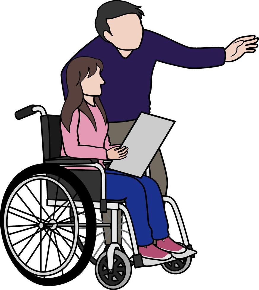 A man standing next to a girl in a wheelchair points at something to the girl. A wife in a wheelchair look at something with her husband. vector