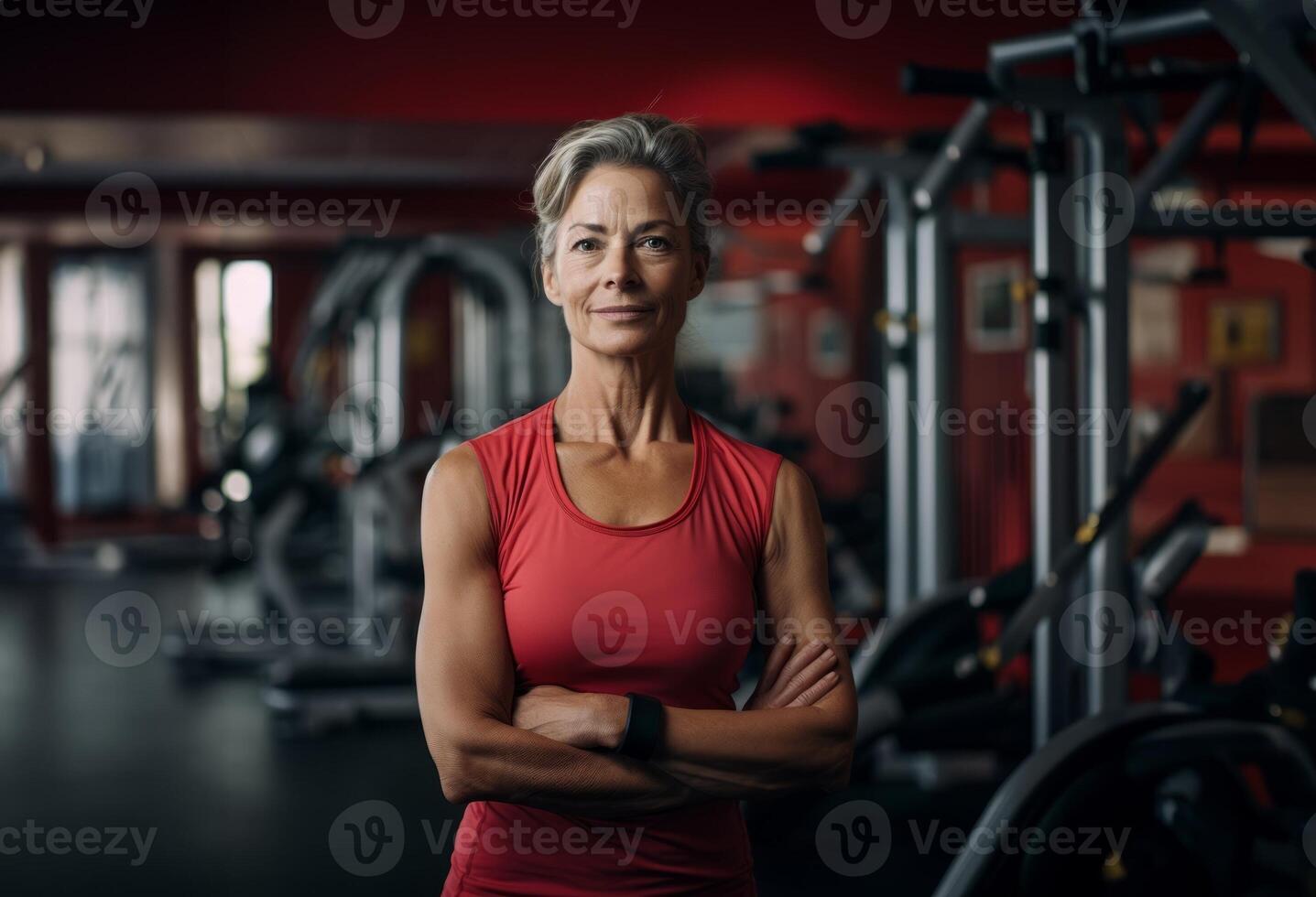 A determined elderly woman engages in vigorous workouts at the gym, embodying strength, perseverance, and commitment to a healthy and active lifestyle.Generated image photo
