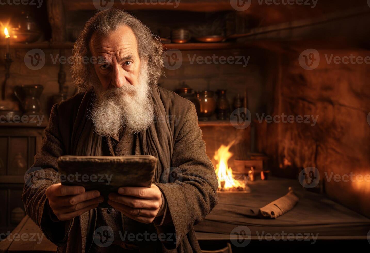 A venerable scientist with a distinguished gray beard delves into the exploration of various physical laws, utilizing a smart tablet to navigate the realms of knowledge and seamlessly photo