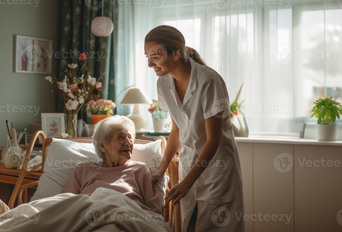 A caring nurse pays a compassionate visit to elderly residents in a care home, providing support and companionship to bedridden individuals, exemplifying the empathetic connection that photo