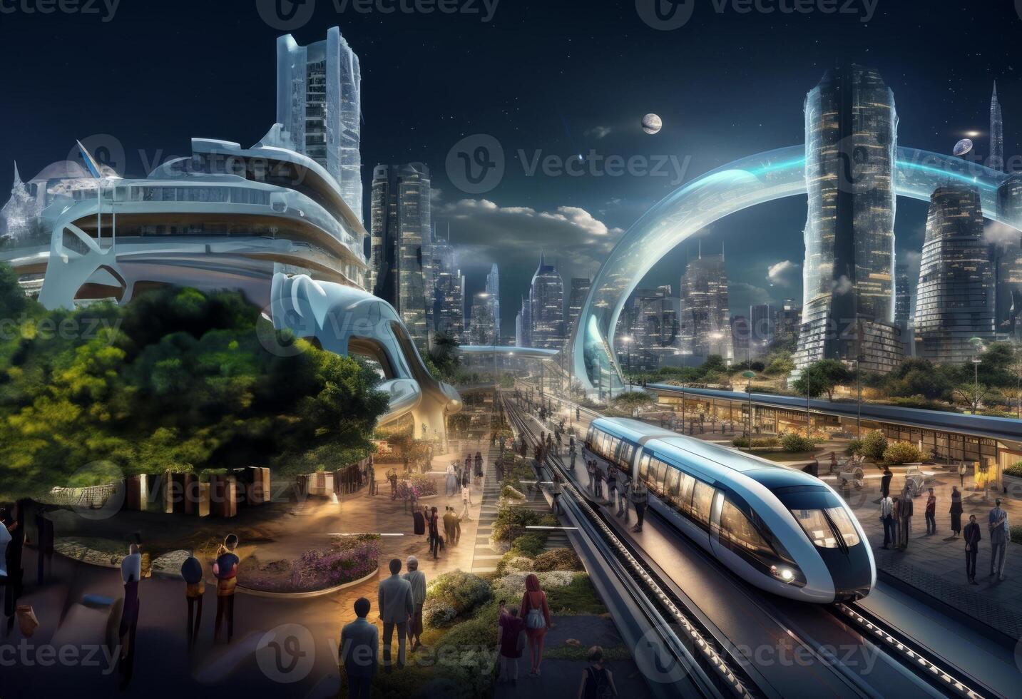 A representation of a futuristic city with modern trains, futuristic streets and cities.Generated image photo