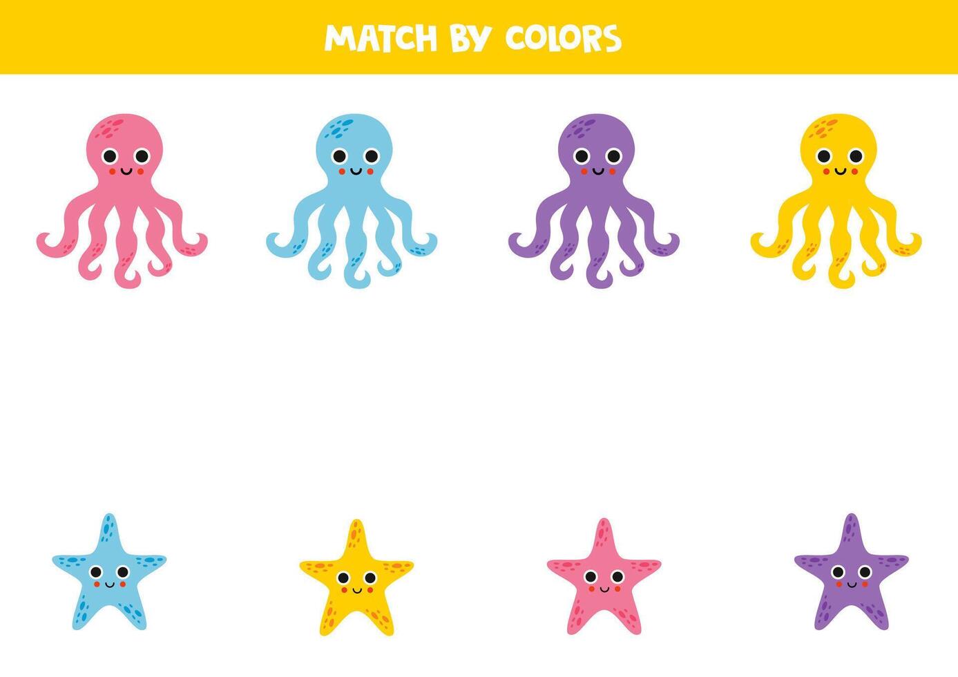 Color matching game for preschool kids. Match cute octopuses and sea stars by colors. vector