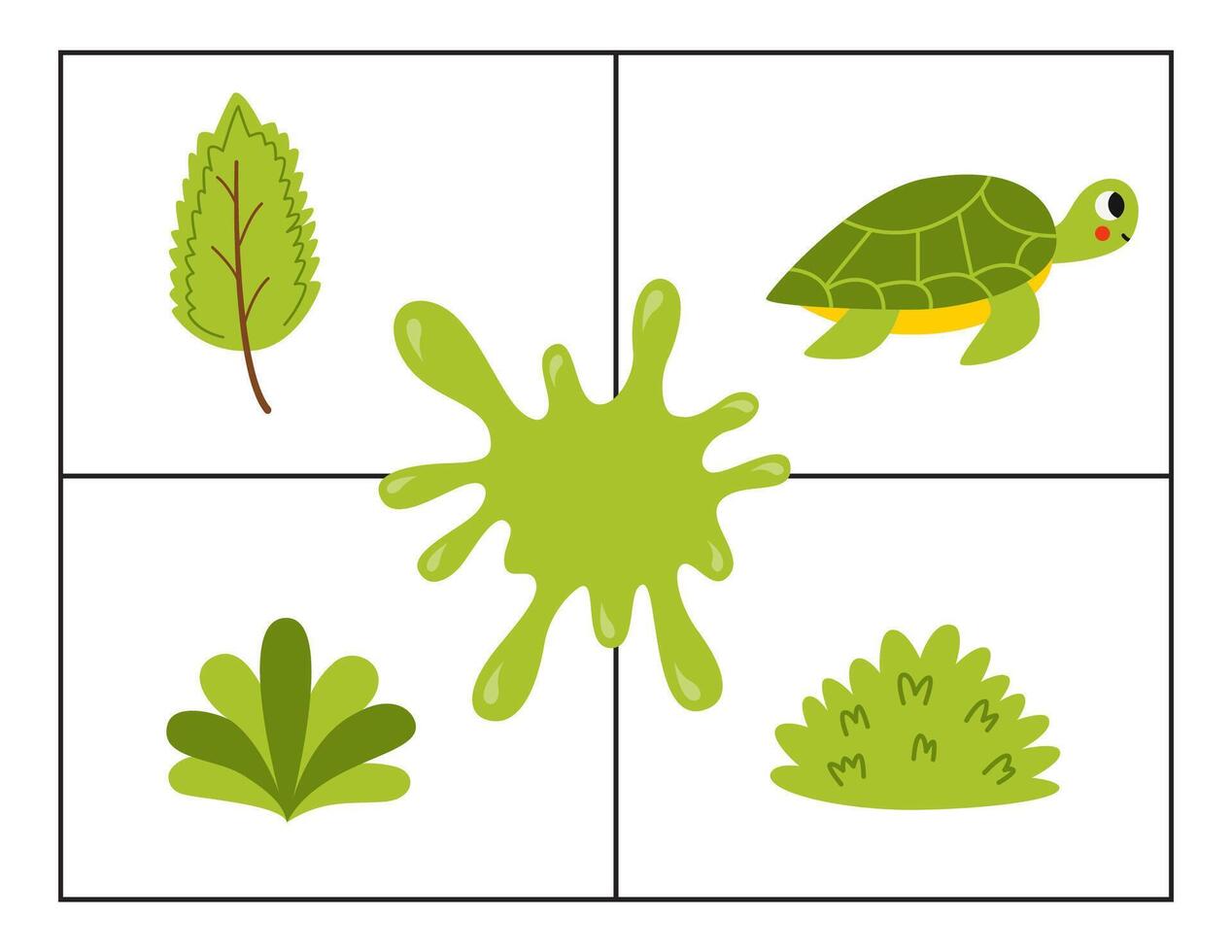 Learning colors for kids. Green color flash card. Educational material for children. Set of objects in green color. vector