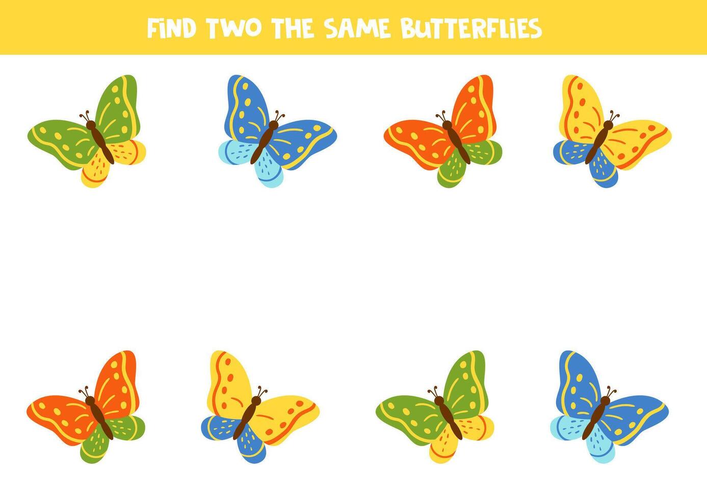 Find two the same cute butterflies. Educational logical game for kids. vector