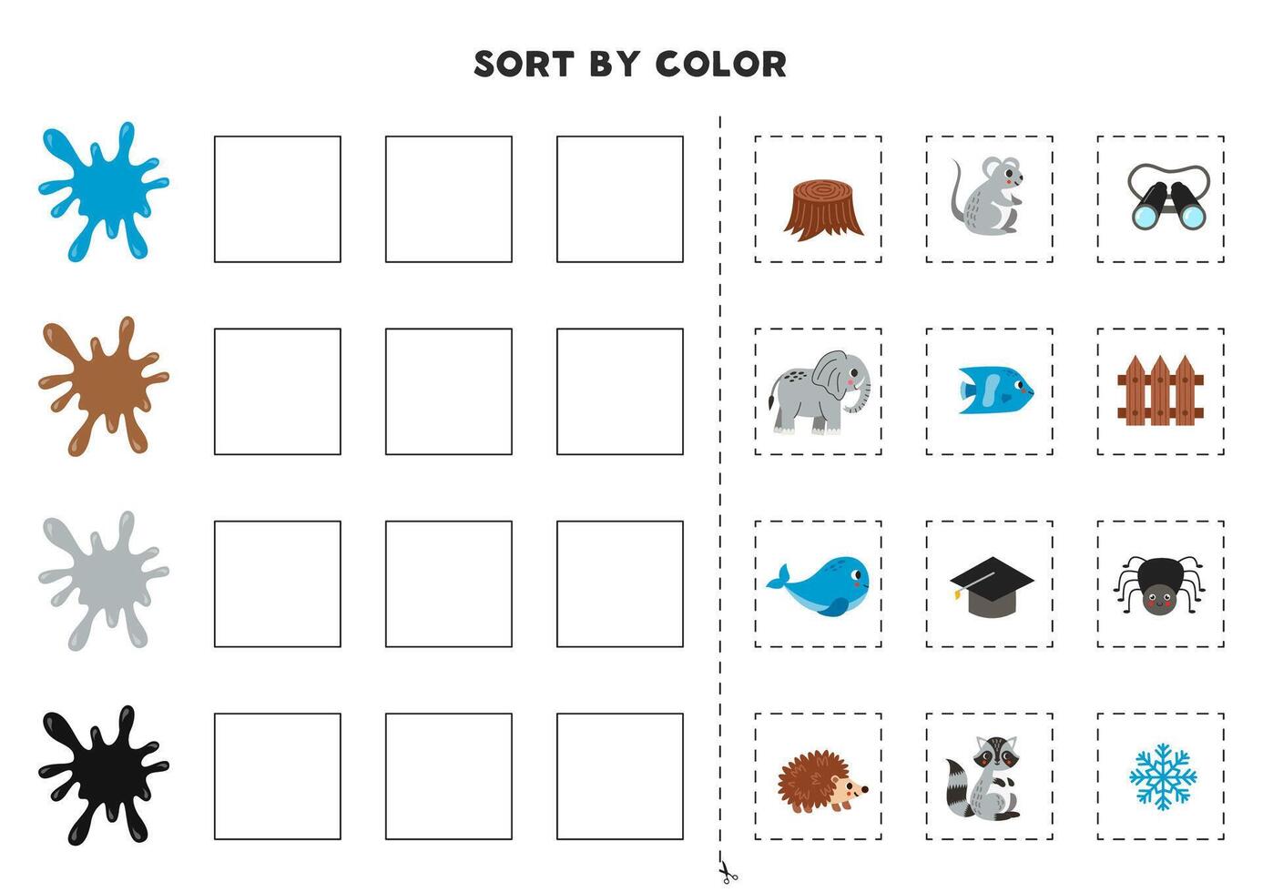 Sort pictures by color. Learning basic colors for children. Game for kids. Cut and glue. vector