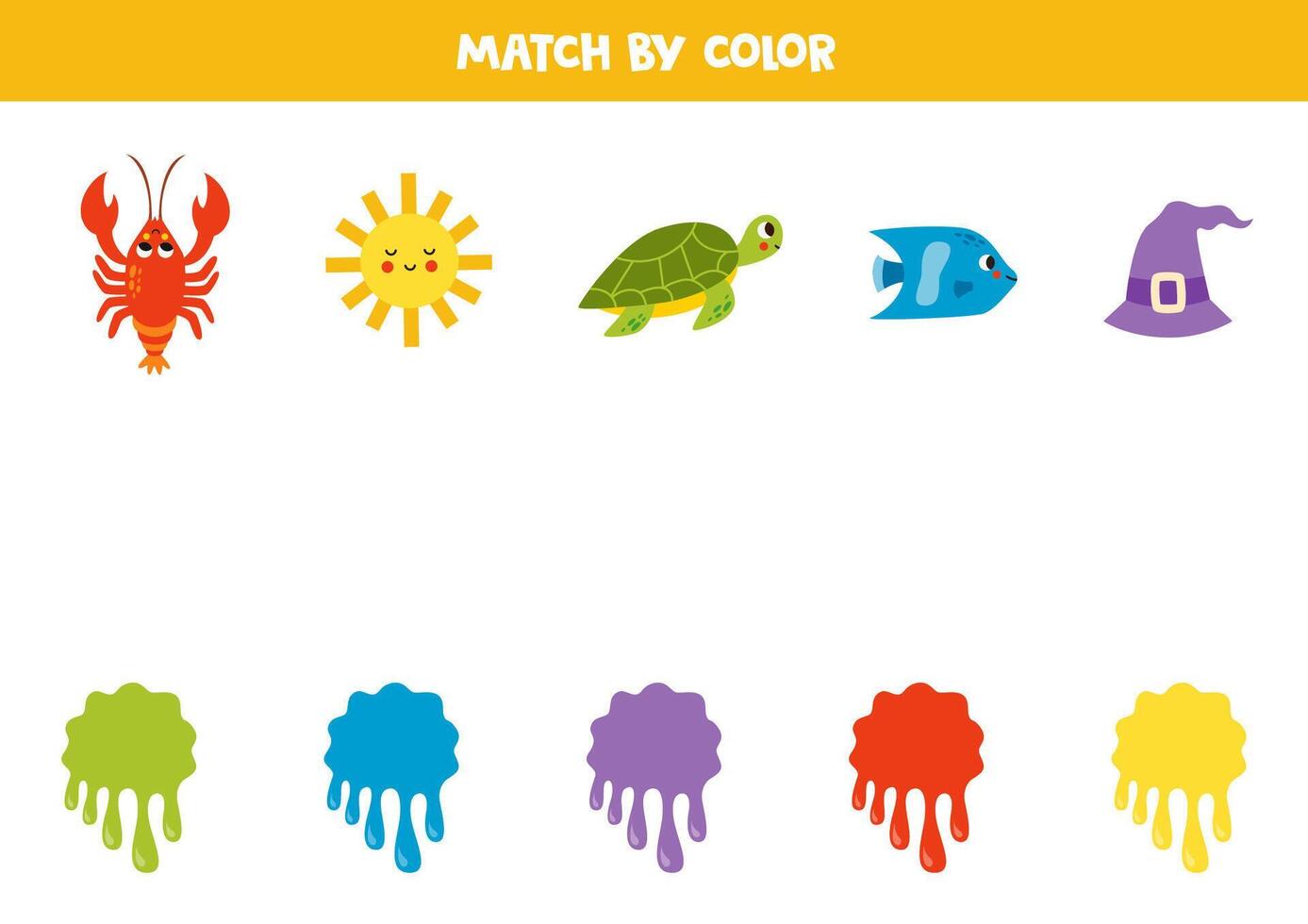 Color matching game for preschool kids. Match colorful items and blobs of paint by colors. vector