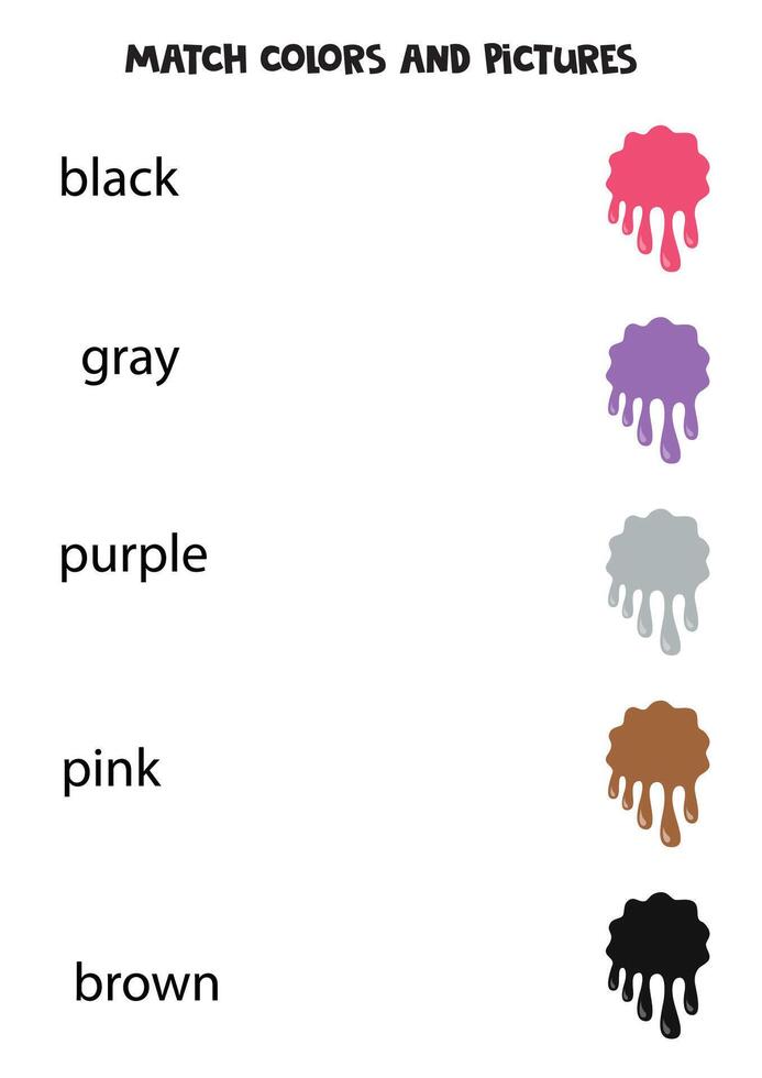 Match words and pictures, match splashes with colors. Worksheet for kids. vector