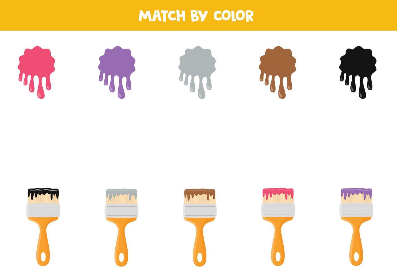 Match paint splashes and paint brushes by colors. Educational logical game for kids. vector