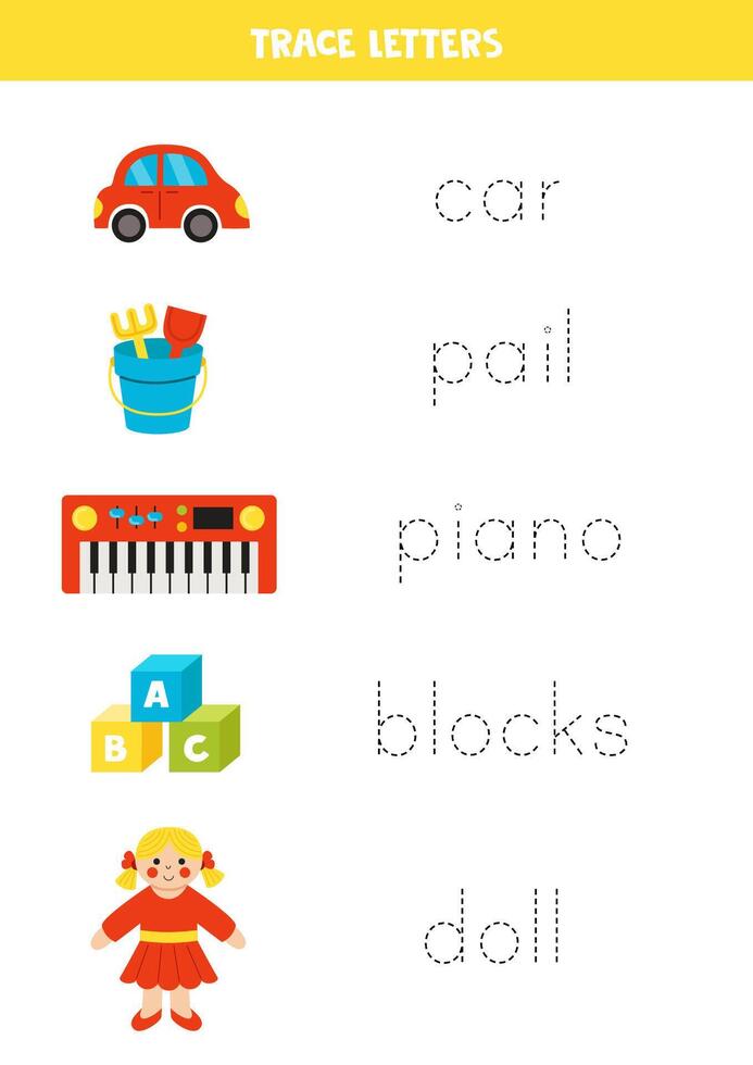 Tracing names of cute cartoon toys. Writing practice. Tracing words. vector