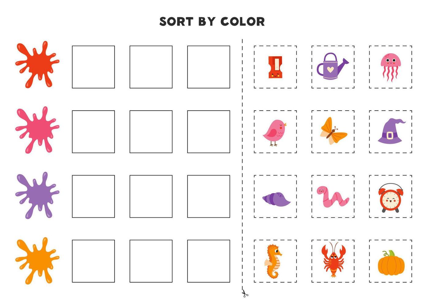 Sort pictures by color. Learning basic colors for children. Game for kids. Cut and glue. vector