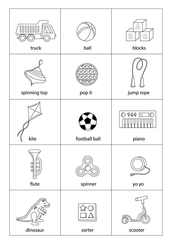 Set of cartoon black and white toys with names. vector