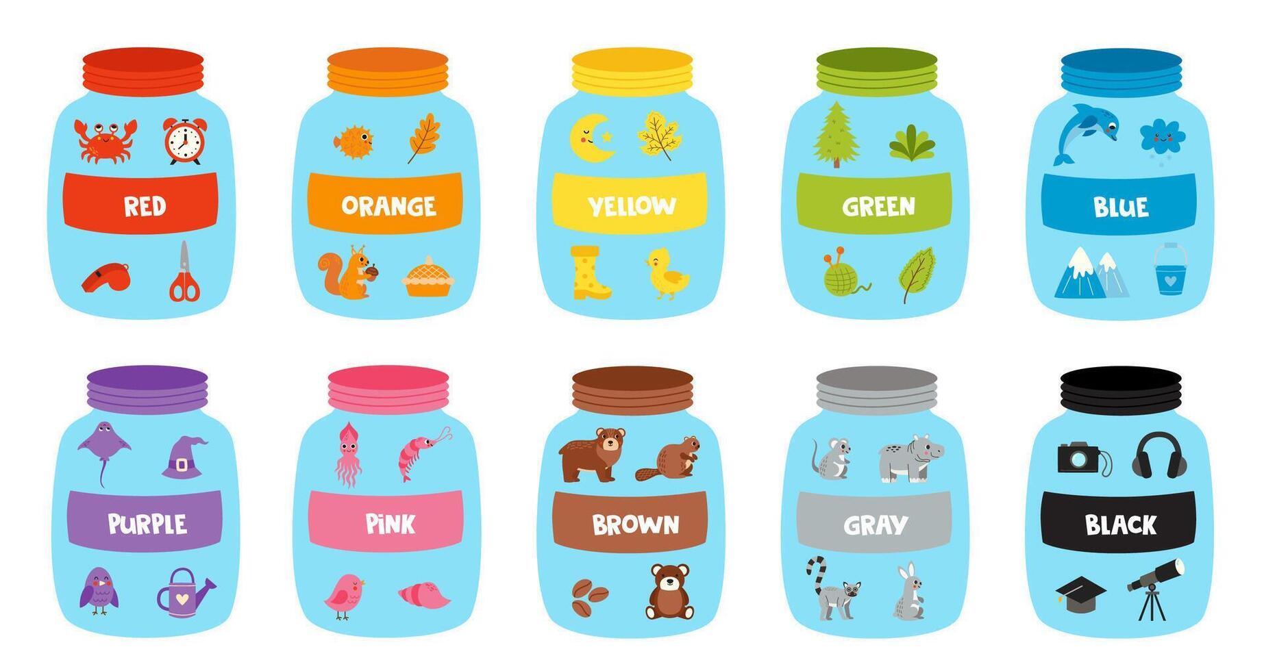 Learning basic colors for preschool kids. Set of color jars with colorful objects. Worksheet for kids. vector