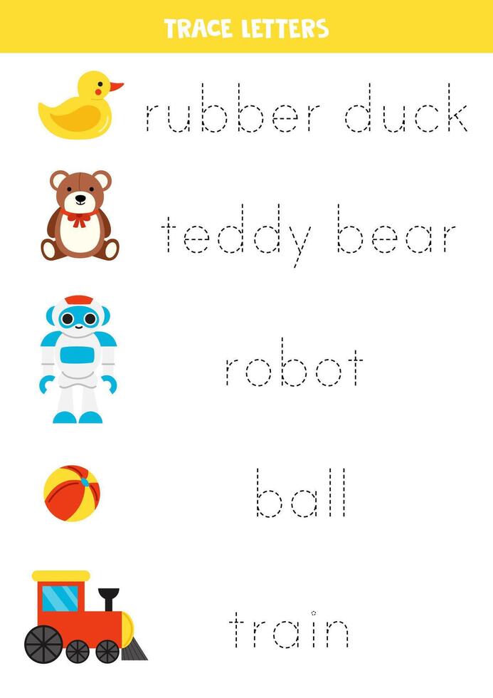 Tracing names of cute cartoon toys. Writing practice. Tracing words. vector