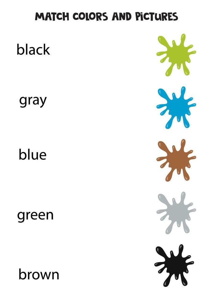 Match words and pictures, match splashes with colors. Worksheet for kids. vector