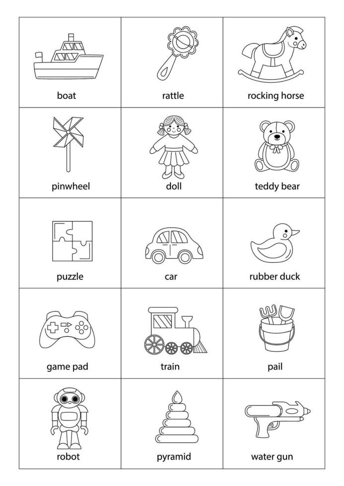 Set of cartoon black and white toys with names. vector
