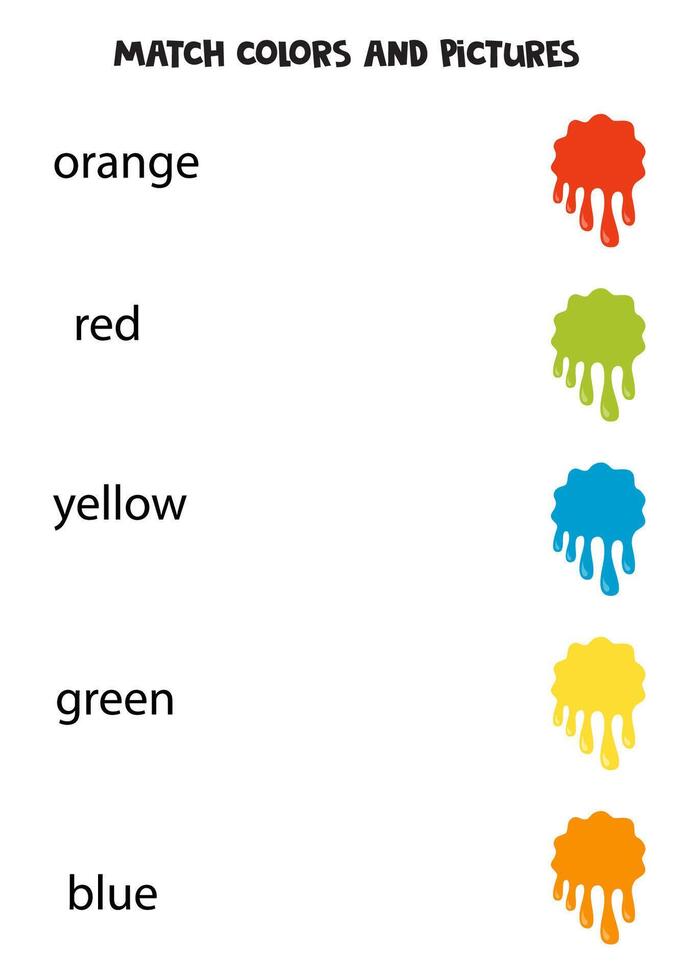 Match words and pictures, match splashes with colors. Worksheet for kids. vector