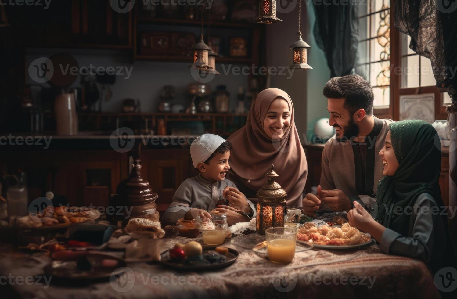 A happy Islamic family gathers in the spirit of Ramadan, joyfully coming together to share the iftar meal, celebrating unity, tradition, and the blessings of the holy month.Generated photo