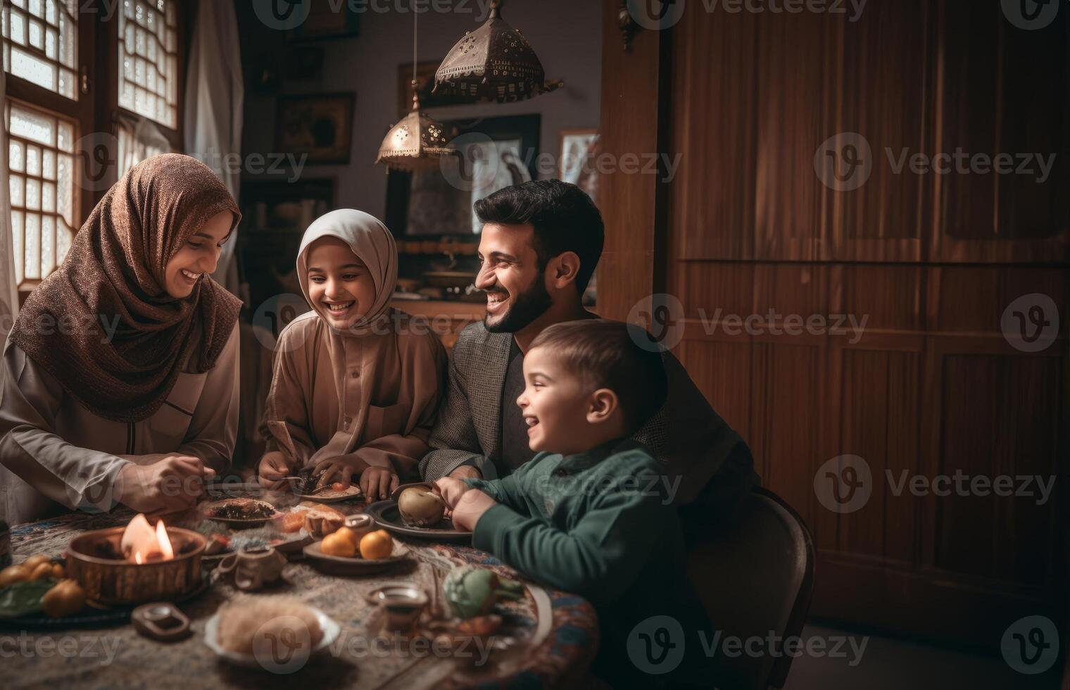 un contento islámico familia reúne en el espíritu de ramadán, alegremente viniendo juntos a compartir el iftar comida, celebrando unidad, tradición, y el bendiciones de el santo mes.generado foto