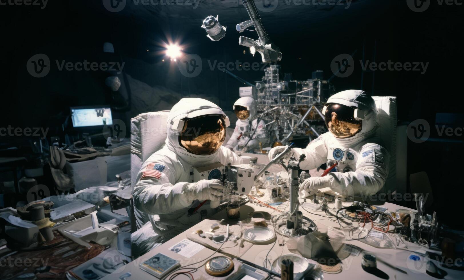 Astronomical team delves into the exploration of Mars, meticulously studying Martian terrain and conducting cosmic research within the confines of their laboratory, symbolizing the photo
