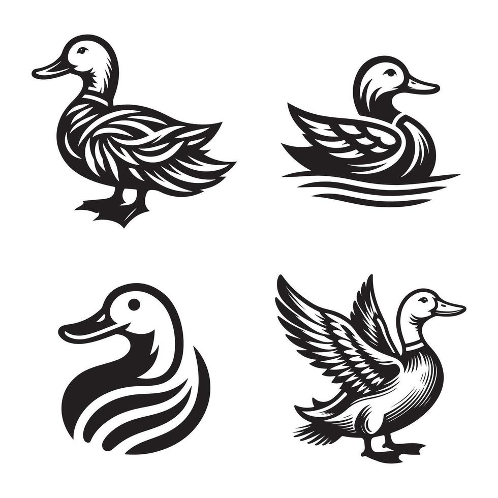 duck silhouettes, Lake Ducks Silhouette, Duck silhouettes, duck collection, various poses, black isolated figures vector