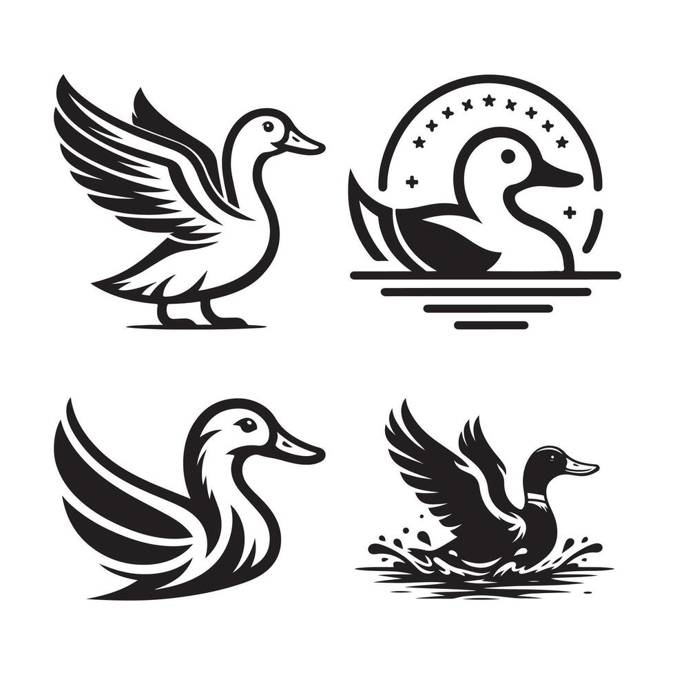 duck silhouettes, Lake Ducks Silhouette, Duck silhouettes, duck collection, various poses, black isolated figures vector