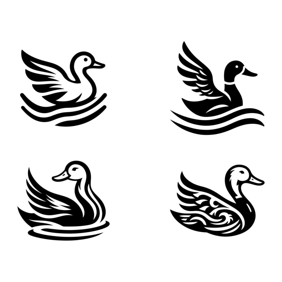 duck silhouettes, Lake Ducks Silhouette, Duck silhouettes, duck collection, various poses, black isolated figures vector