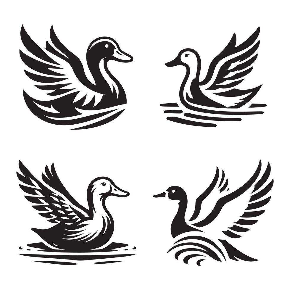 duck silhouettes, Lake Ducks Silhouette, Duck silhouettes, duck collection, various poses, black isolated figures vector