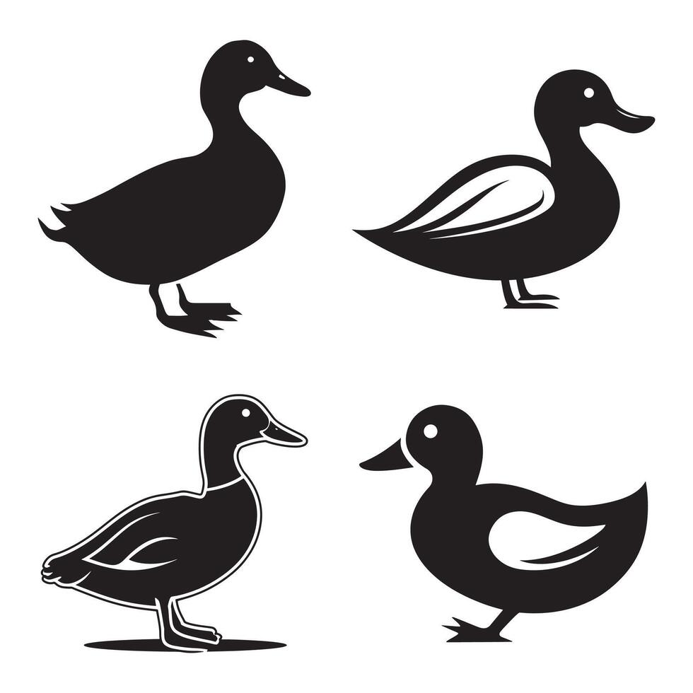 duck silhouettes, Lake Ducks Silhouette, Duck silhouettes, duck collection, various poses, black isolated figures vector