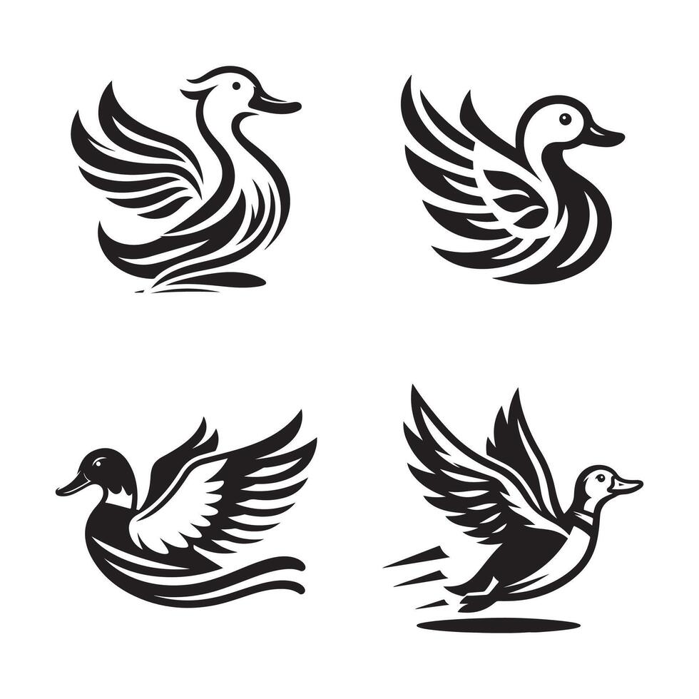 duck silhouettes, Lake Ducks Silhouette, Duck silhouettes, duck collection, various poses, black isolated figures vector