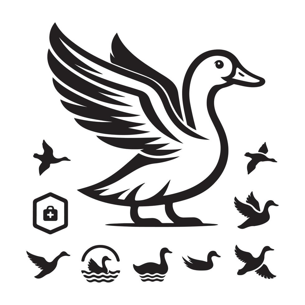 duck silhouettes, Lake Ducks Silhouette, Duck silhouettes, duck collection, various poses, black isolated figures vector