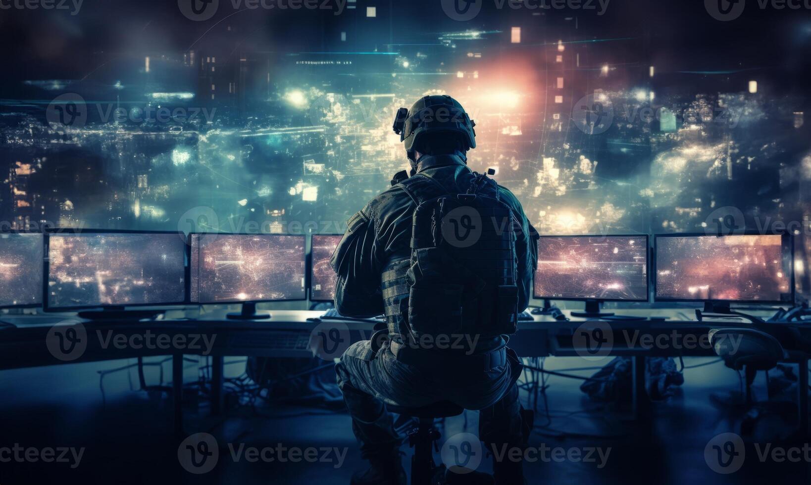 Techno-Warfare Professional Soldier Engaged with Combat Holograms on Computer.Generated image photo