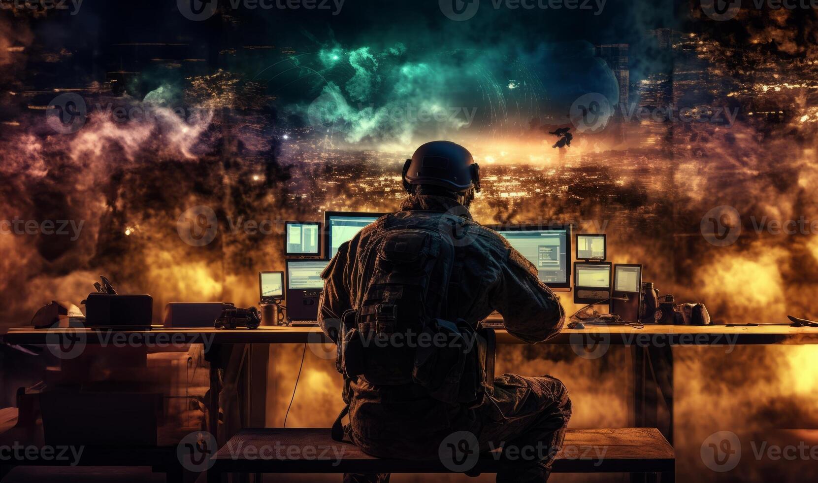 Techno-Warfare Professional Soldier Engaged with Combat Holograms on Computer.Generated image photo